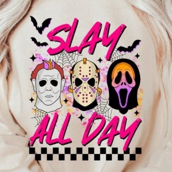Slay All Day Halloween Horror Movie Vintage Fall Sweatshirt 81 - Picture 2 of 5